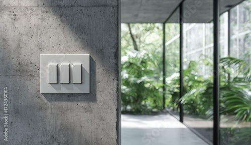 Modern light switch on concrete wall, greenery view