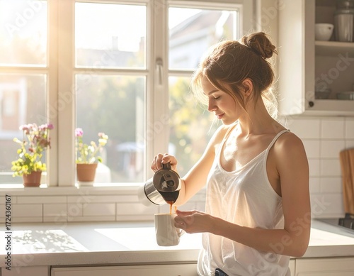 A candid morning scene: a young woman pouring coffee by a sunlit kitchen window, casually dressed, soft natural light, shallow depth of field