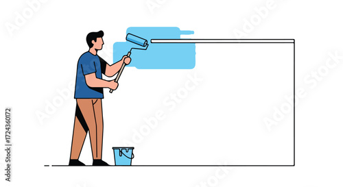 Home improvement concept illustrating a person applying blue paint on a wall using a roller for renovation and refurbishment illustration