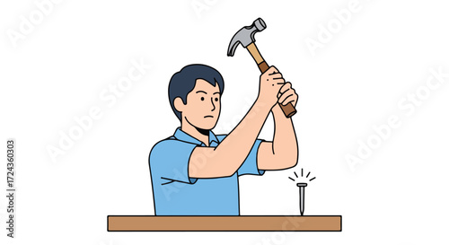 Man attempting to hammer a nail into wood, demonstrating home improvement activity with concentration and a hammer held high for striking precision