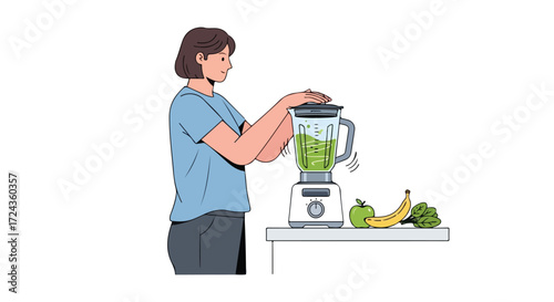 Woman blending nutritious green smoothie with fresh ingredients for a healthy lifestyle and wellness routine, promoting a balanced diet and