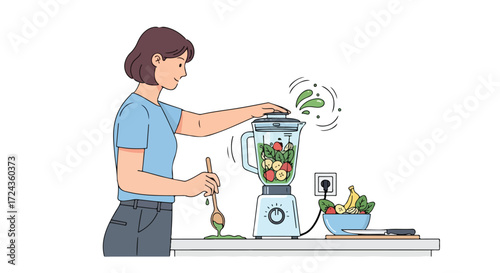 Woman preparing a healthy smoothie with a blender, incorporating fresh fruits like bananas, apples, and spinach for a nutritious beverage, embodying
