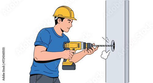 Construction worker uses a power drill to create a hole in a wall for improvements or repairs with safety precautions using helmet and equipment