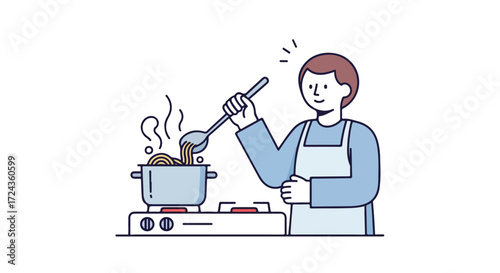Person cooking pasta on stove with apron, illustration culinary preparation, culinary enthusiasm and skill, happy and content while cooking 150