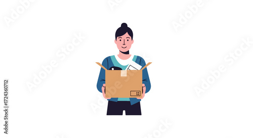 Illustrated person holding cardboard box, symbolising relocation, change, or movement of goods with a neutral background showcasing the item's