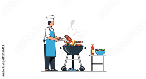 Barbecue preparation with chef grilling skewers and sausages on a bright afternoon illustration of summer picnic preparations