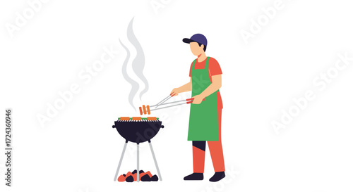 Flat vector illustration depicting a man cooking sausages on a charcoal grill, isolated on a white background demonstrating outdoor cooking activity