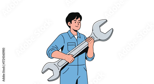 Illustrative character confidently holding an oversized wrench symbolizing repair and construction services in the mechanical field expertise