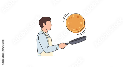 Man skillfully flips a pancake mid-air with a frying pan, demonstrating breakfast preparation mastery and kitchen finesse
