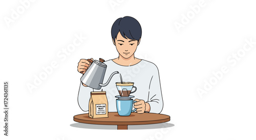Brewing a Delightful Cup: An Illustration of Pour-Over Coffee Preparation Ritual at Home with Style