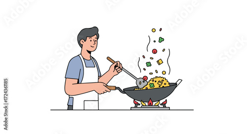 Enthusiastic chef stirring fried rice dish in a wok, culinary passion on the stove, showcasing appetizing ingredients in a simple and attractive