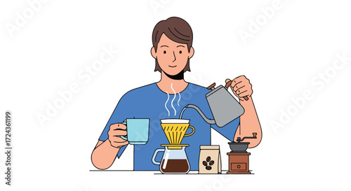 Man crafting pour-over coffee with precision, aroma and dedication for a daily ritual experience, showcasing a moment of domestic tranquility