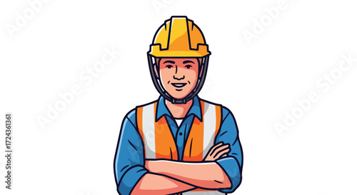 Confident Construction Worker Cartoon Illustration with Protective Gear and Crossed Arms