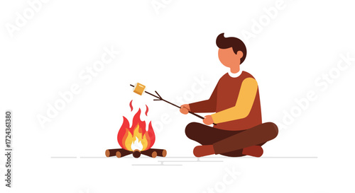 Man toasting marshmallow over campfire illustration, depicts outdoor activities in an artistic style, against isolated background, representing