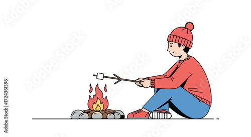 Boy roasting marshmallow at campfire, surrounded by the tranquility of nature on a chilly winter day enjoying peaceful moments and cozy atmosphere