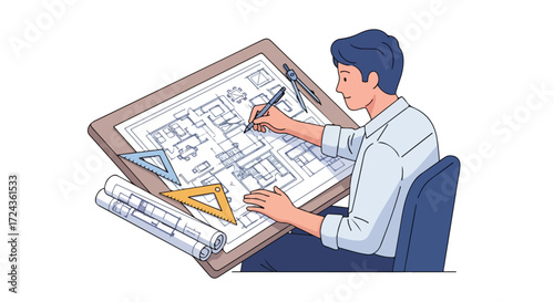 Detailed architectural blueprint design crafted by a meticulous professional drafter creating an innovative residential building layout with