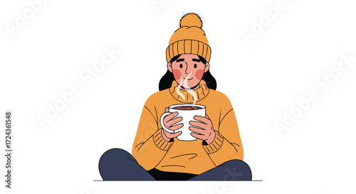 Cartoon woman enjoying a hot drink on the floor, wearing a beanie and sweater on a chilly day indoors and relaxing peacefully