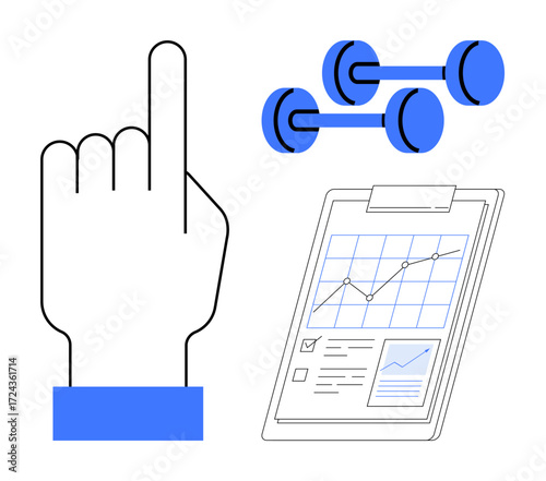 Hand pointing up, dumbbells signifying physical health, and a clipboard with performance graph. Ideal for fitness, goal tracking, motivation, self-improvement, planning, workout routines simple flat