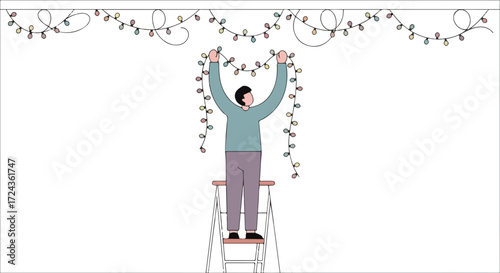 Illustrative charming scene of hanging light decorations, evoking a sense of anticipation and homey atmosphere with a minimalistic aesthetic