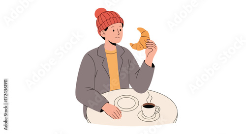 A cozy morning illustration: Enjoying coffee and a croissant in a relaxed setting with winter elements and a charming illustration style