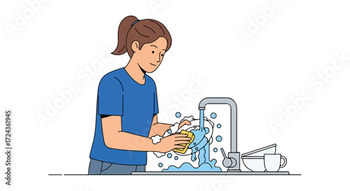 Woman diligently washing dishes in a bright kitchen sink, emphasizing cleanliness and domestic routine with clear water flow and soap bubbles