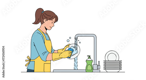 Illustration of a Woman in Apron Washing Dishes, Promoting Domestic Hygiene and Household Chores in Simplistic Design