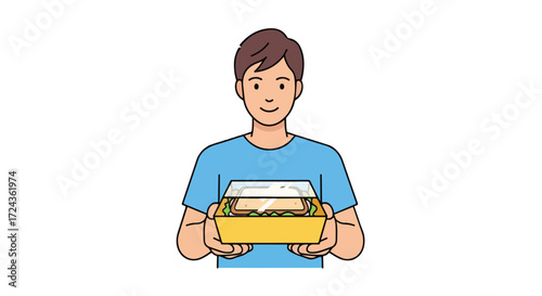 Illustration of a young man presenting a packaged sandwich on a white background, focusing on delivery and convenience of a tasty pre-made meal