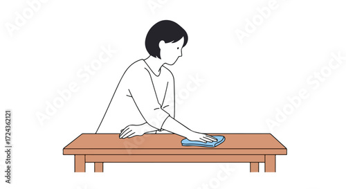 Person diligently cleaning a wooden table with a blue cloth, emphasizing cleanliness and domestic chores in a simple artistic style
