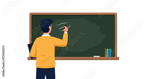 A teacher writing on a chalkboard in a classroom, back view illustration depicts a classroom setting with a teacher at the forefront 156 characters