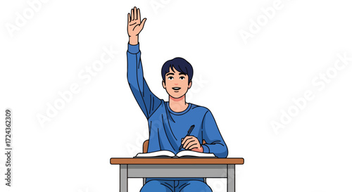 Illustrative depiction of a student actively participating by raising their hand in a classroom setting displaying engagement and enthusiasm