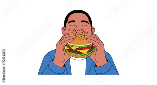 Illustration showcasing a man thoroughly enjoying a sizable burger with visible cheese, lettuce, and tomato layered inside, simple background