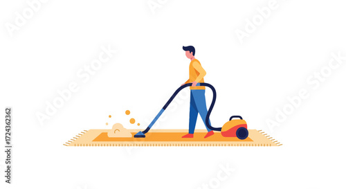 Man using vacuum cleaner on carpet, illustrating cleanliness and household chores with clean design, conveying hygiene and domestic routine in