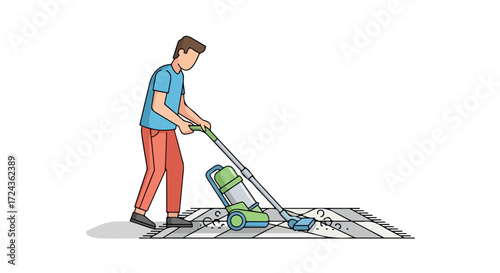 Illustration of a person vacuuming a rug with a modern vacuum cleaner performing home cleaning work efficiently demonstrating a typical chore