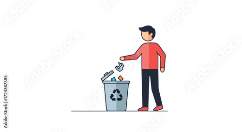 Illustrative depiction of a figure disposing of refuse into a recycling bin promoting proper waste management practices and environmental