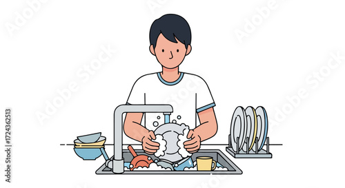 Person washing dishes with soapy water in a sink with plates and other dishware surrounding shows domestic life routine