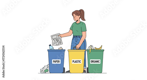 Illustration depicting a woman properly sorting household waste into designated recycling bins promoting environmental conservation awareness