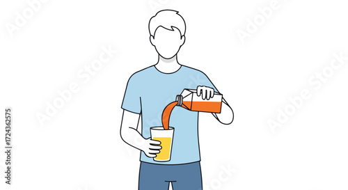 Illustration depicting an faceless individual pouring a vibrant orange beverage from a carton into a glass to hydrate during daytime
