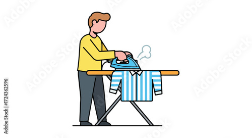 A person ironing a striped shirt on an ironing board, representing household chores and garment care, cartoon style illustration and isolated on