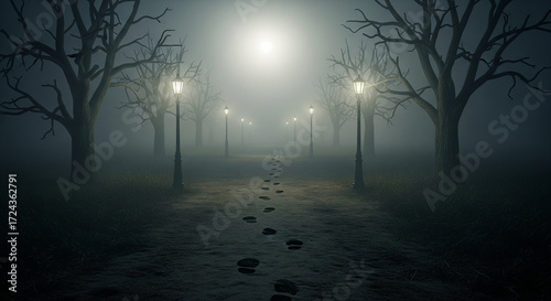 Eerie footprints lead through foggy park illuminated by vintage lamps, perfect for mystery book covers or atmospheric thriller designs