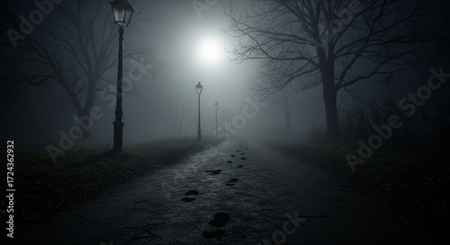 Step into the Mist: Eerie Footprints Lead Through Foggy Park Path Lit by Antique Streetlamps, Perfect for Halloween or Gothic Horror Designs