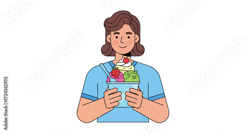 Person enjoying a frozen dessert creation, featuring strawberry, cherry, vanilla, and mint ice cream scoops, with an appealing style and a