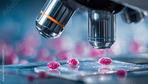 Close-up of a microscope focusing on small pink samples