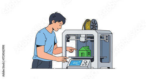 Man operating a 3D printer to create a miniature house, showcasing modern technology and innovative home construction methods, emphasizing the