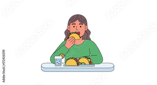 Cheerful woman enjoying a vibrant taco feast at a table with refreshing lemon drink illustration