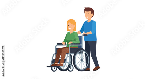 Illustration showing a man pushing a woman in a wheelchair with a cheerful expression showing togetherness and support