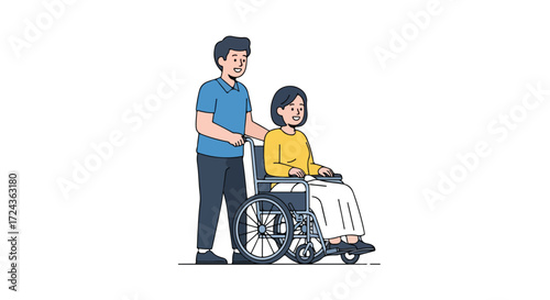 Illustrative scene of a caregiver assisting a woman in a wheelchair, conveying support and accessibility showcasing companionship and aid promoting