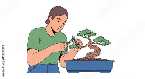Focused individual carefully trims a bonsai tree, showcasing the meticulous art and dedication involved in shaping miniature landscapes