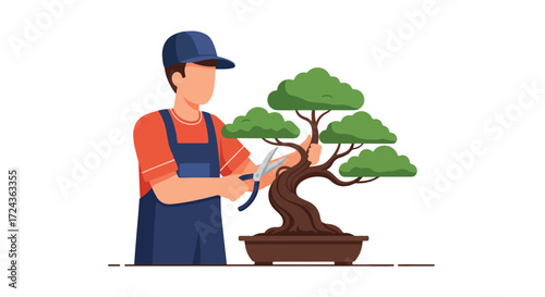 Illustrative gardener shaping a bonsai tree with pruning shears for artistic cultivation and miniature landscape design demonstrating plant care and