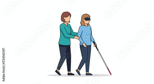 Kindness in motion: A woman guides a visually impaired individual, showcasing compassion and support for disability inclusiveness with a cane and
