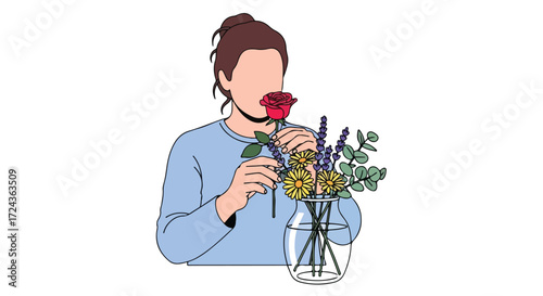Woman indulging in the captivating aroma of a red rose, a moment of floral serenity and nature's embrace, appreciating botanical beauty and sensory